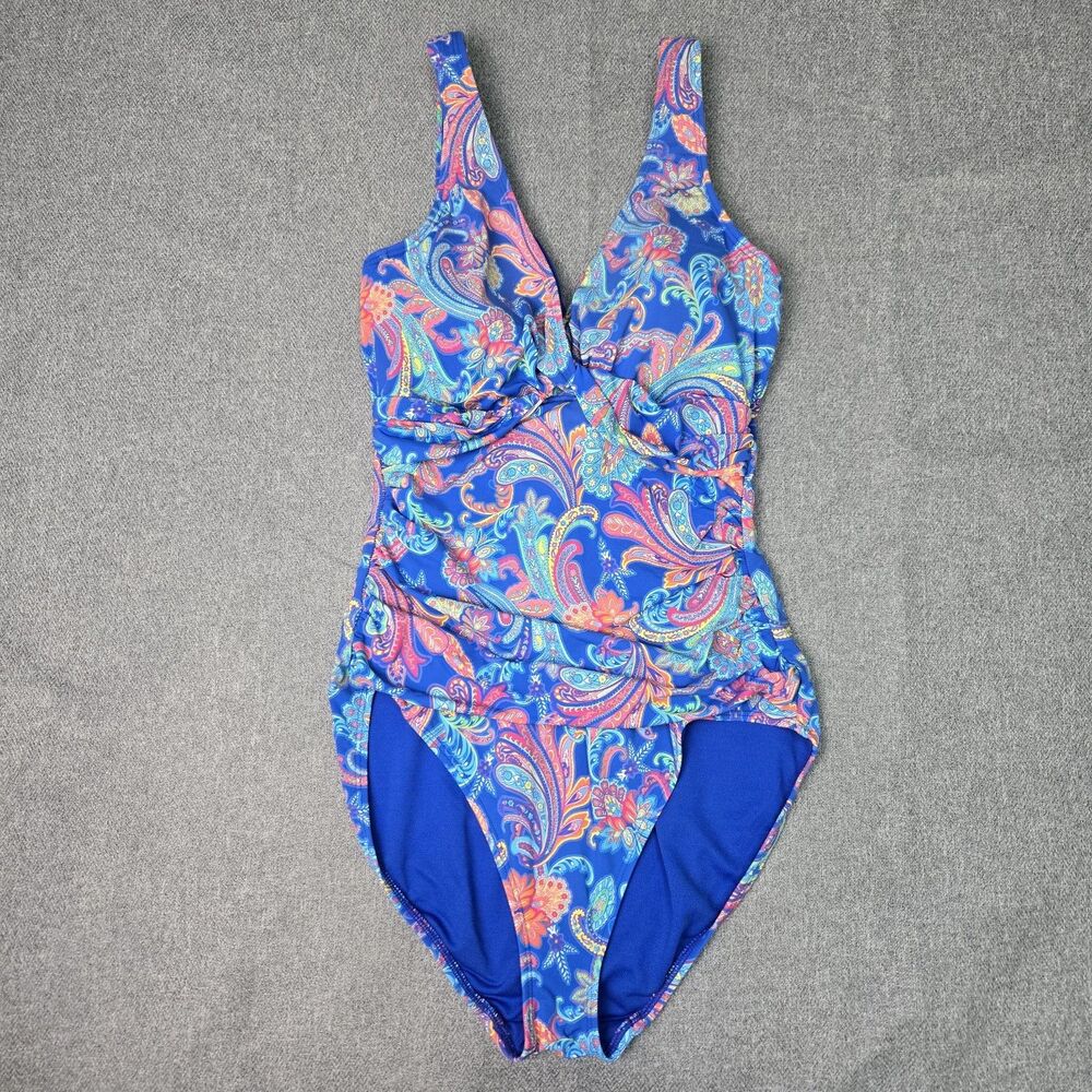 Lauren Ralph Lauren One Piece Swimsuit Blue Paisley Ruched Slimming Sz 8 Womens